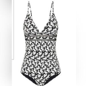 Stella McCartney Black and White Horse Iconic Print Mesh One Piece Swimsuit M